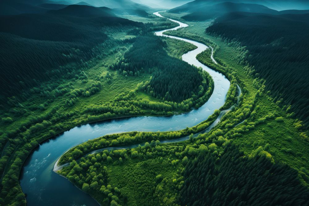 Amazing forrest and long river outdoors nature forest. AI generated Image by rawpixel.