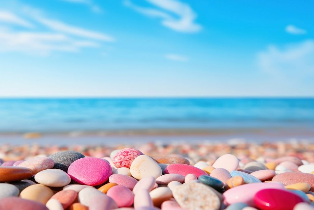 Pink and red colorful small sea stone pebbles on the sandy beach nature sky backgrounds. AI generated Image by rawpixel.