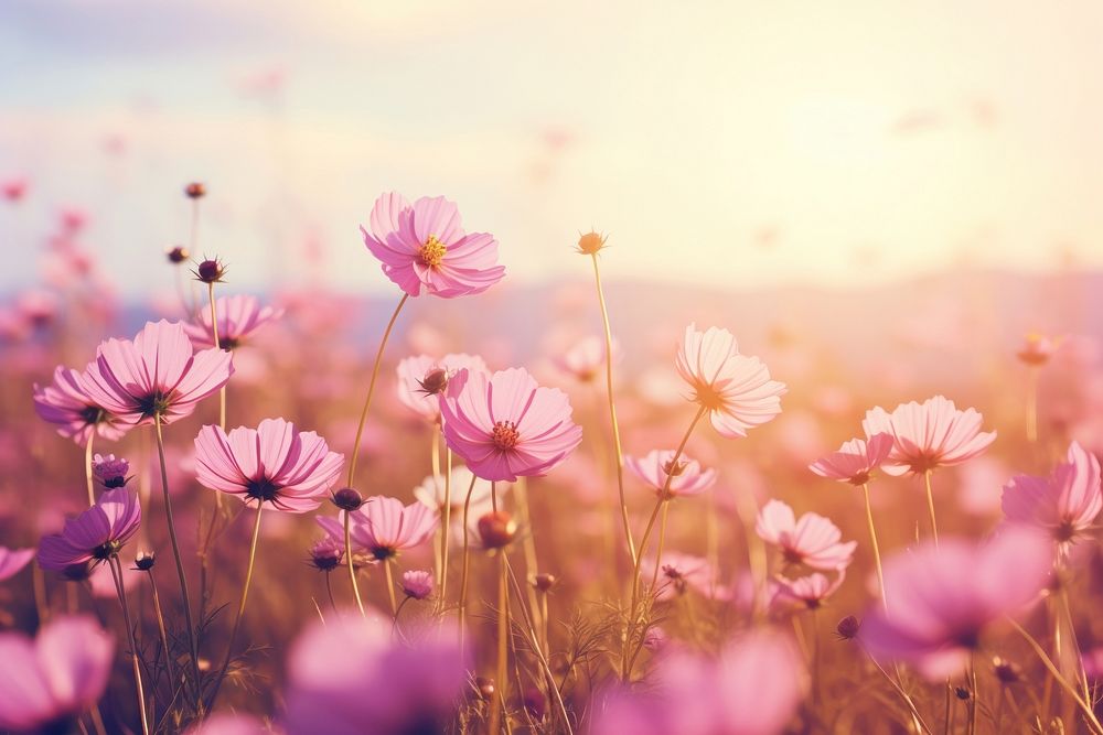 Beautiful cosmos flower field on sky landscape nature backgrounds. 