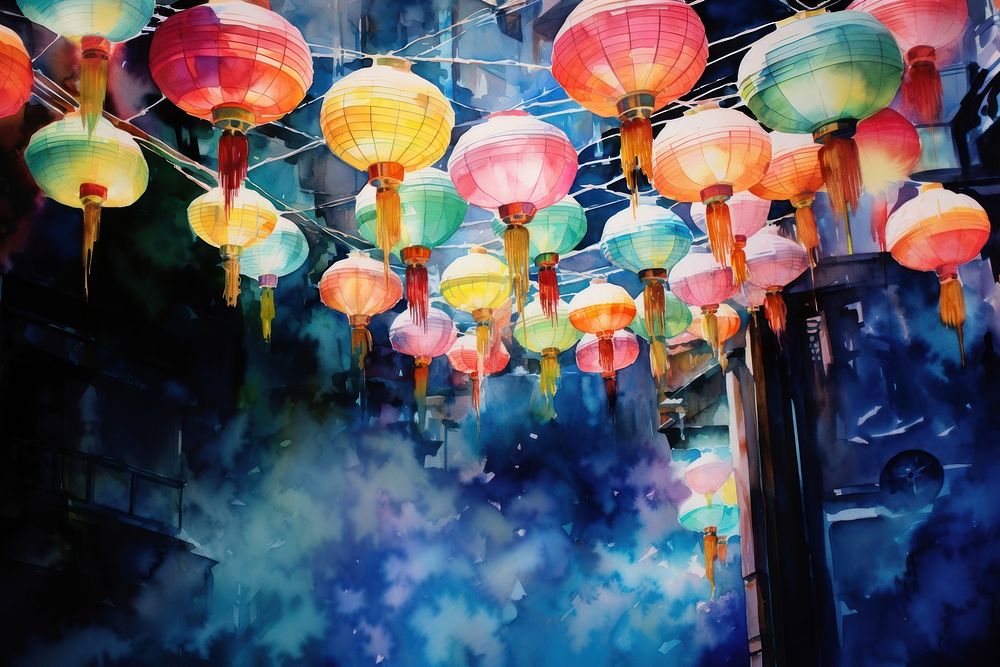 Watercolor chinese paper lanterns festival architecture illuminated. AI generated Image by rawpixel.
