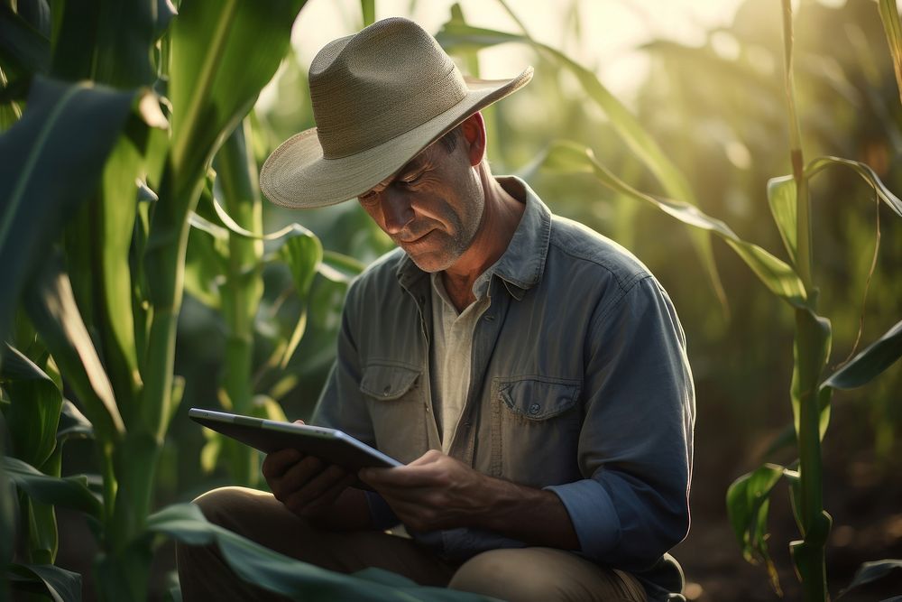 Farmer in a corn field using a digital tablet outdoors reading sitting. AI generated Image by rawpixel.