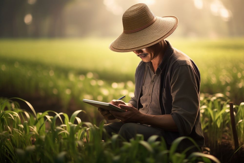 Farmer in a rice field using a digital tablet photography outdoors reading. AI generated Image by rawpixel.