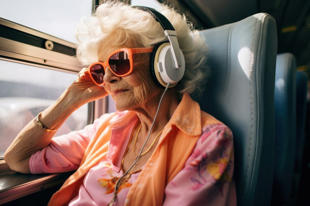 Old woman sitting on a train headphones headset adult. AI generated Image by rawpixel.