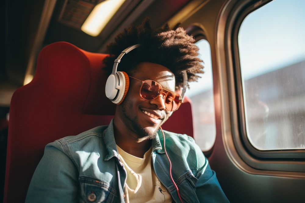 American man headphones sitting train. AI generated Image by rawpixel.
