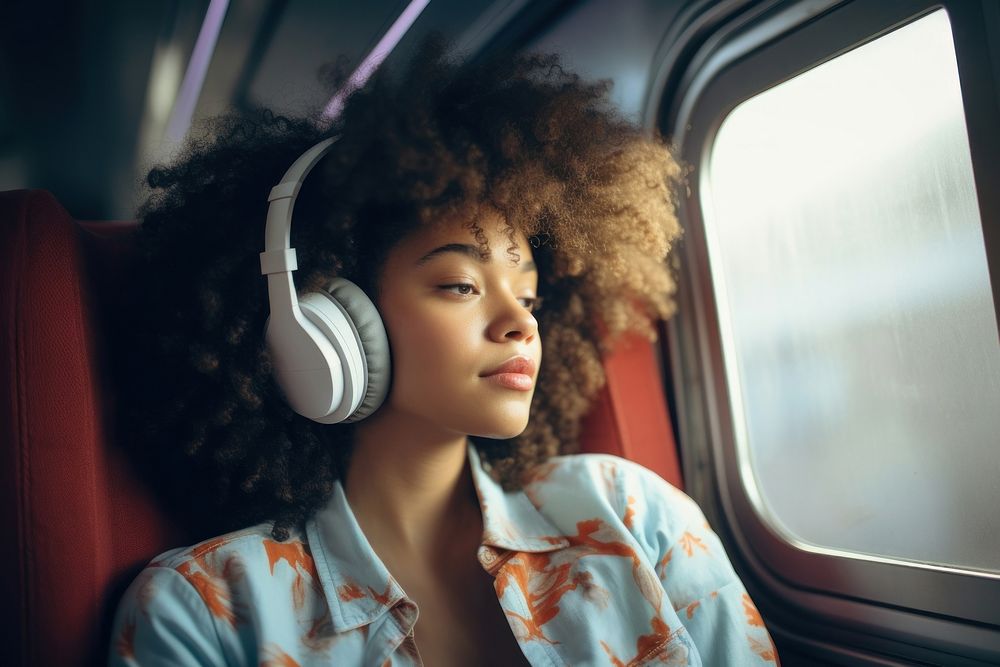 American woman sitting on a train with headphones on head headset afro electronics. AI generated Image by rawpixel.