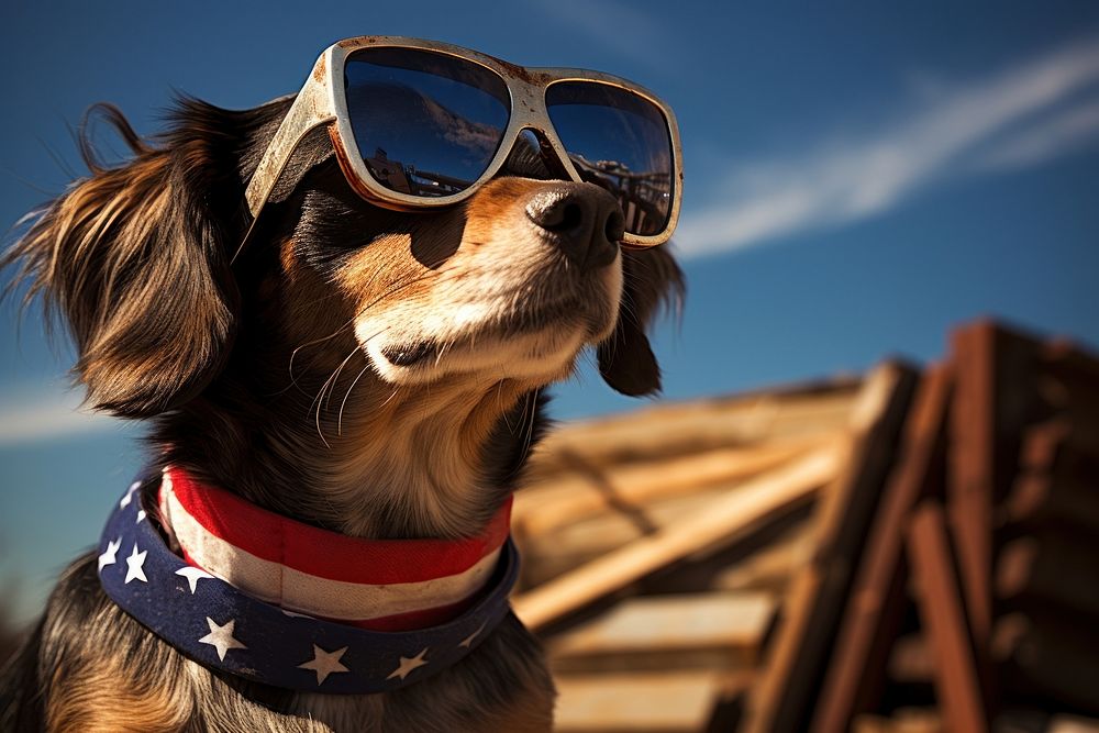 A dog wearing sunglasses and an american flag mammal animal pet. AI generated Image by rawpixel.