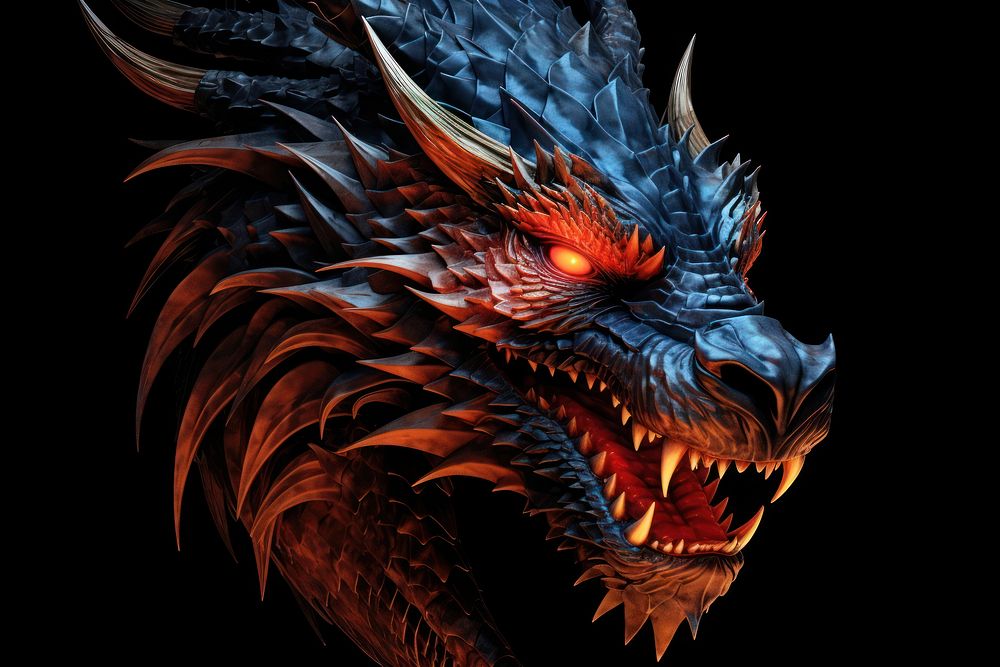 Fiery dragon head black red black background. 