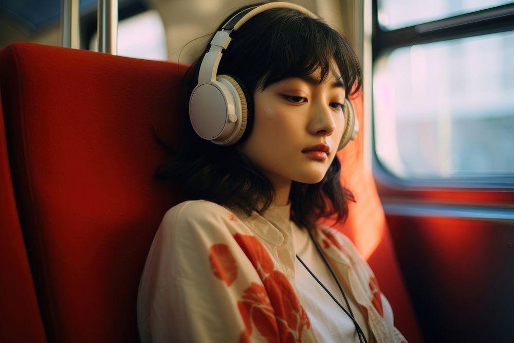 Japanese woman headphones headset sitting. AI generated Image by rawpixel.