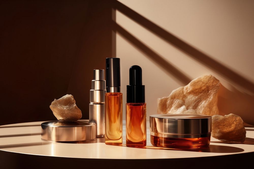 Cosmetics perfume bottle table. AI generated Image by rawpixel.