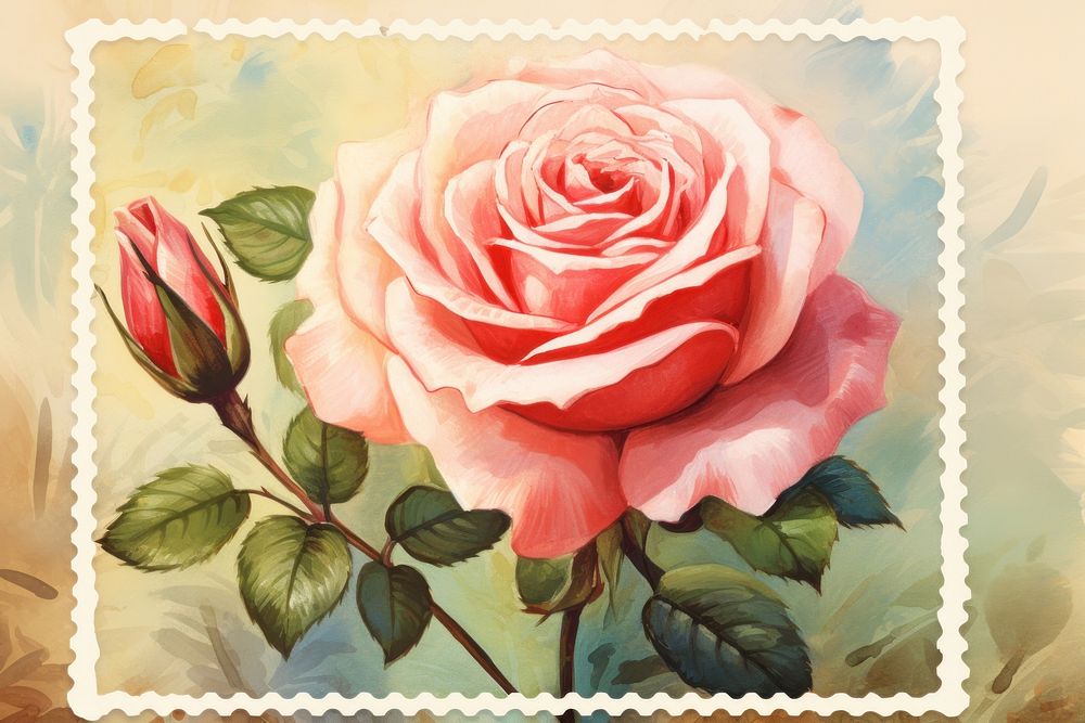 Rose postage stamp painting flower plant. AI generated Image by rawpixel.
