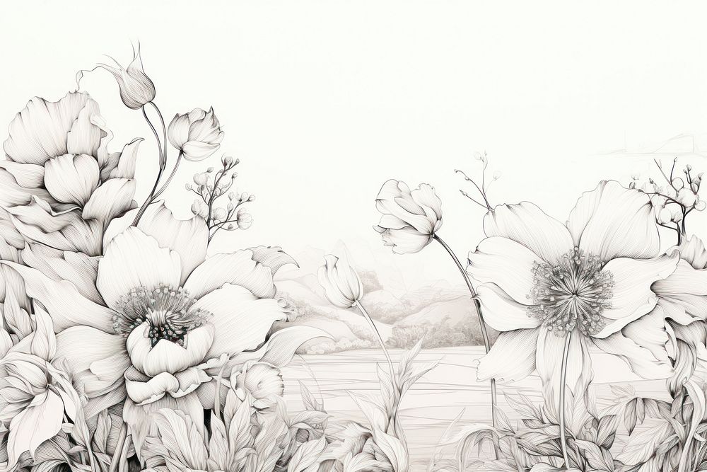 Flower landscape sketch drawing white. AI generated Image by rawpixel.