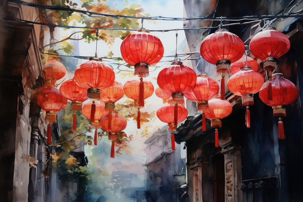 Chinese lanterns on the street watercolor festival spirituality architecture. AI generated Image by rawpixel.