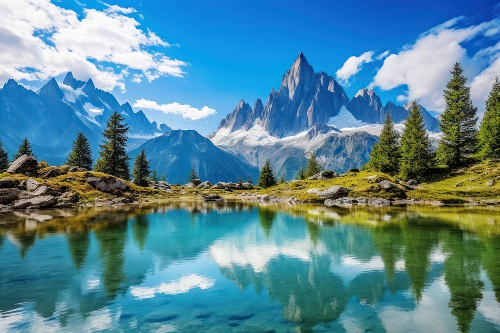 Summer panorama of the Lac Blanc lake with Mont Blanc landscape panoramic outdoors. AI generated Image by rawpixel.