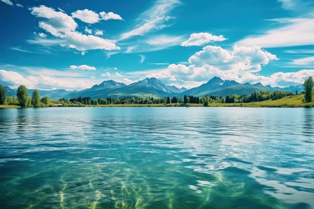 Summer panorama of the lake with mountain landscape panoramic outdoors. AI generated Image by rawpixel.