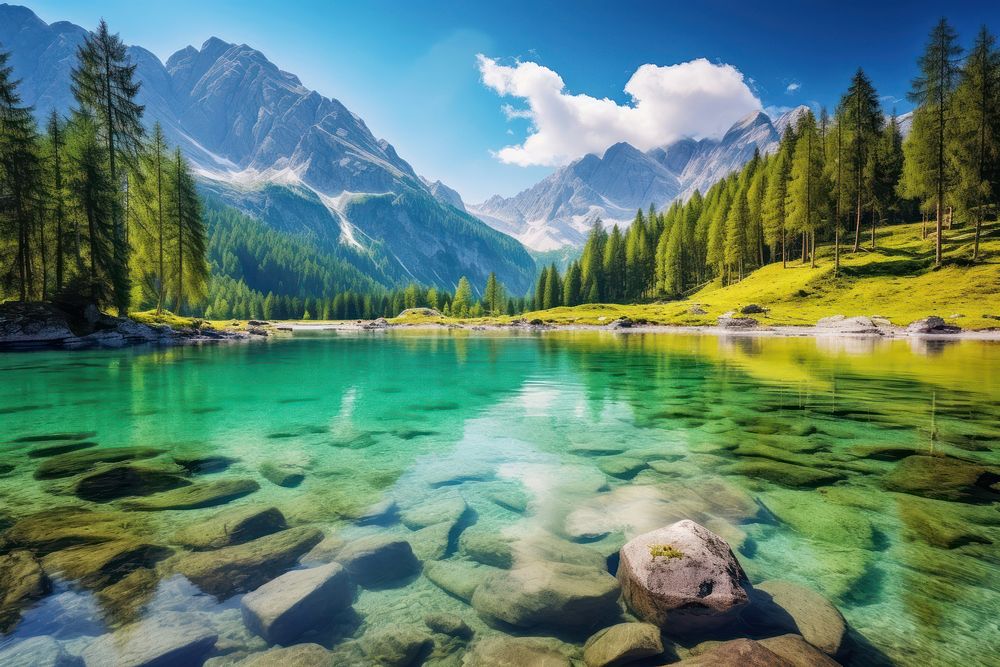 Summer panorama of the lake with mountain landscape panoramic outdoors. 