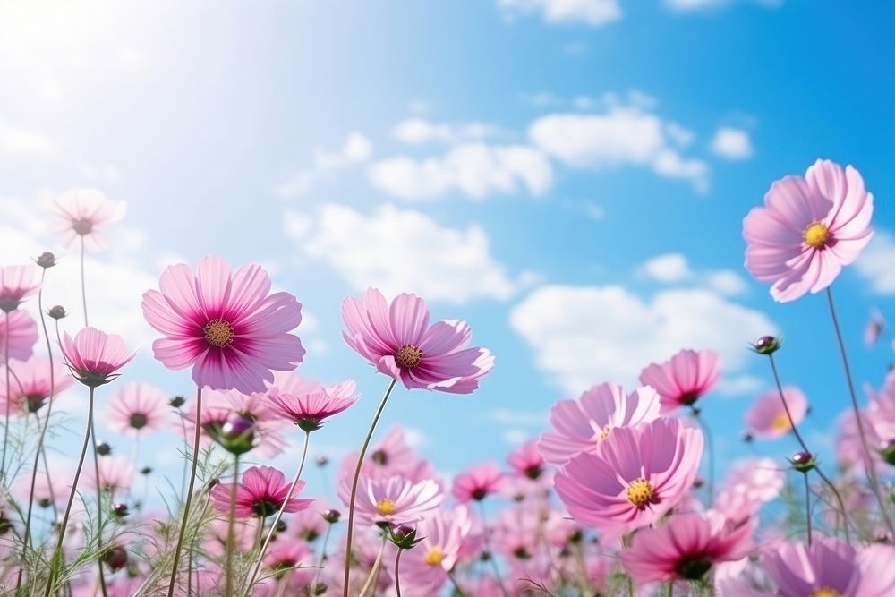 Beautiful cosmos flower field on sky nature backgrounds landscape. AI generated Image by rawpixel.