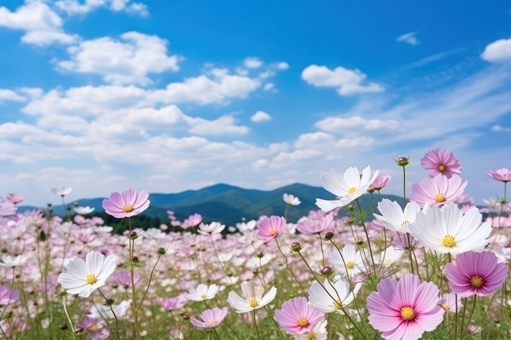 Beautiful cosmos flower field on sky nature landscape sunlight. AI generated Image by rawpixel.