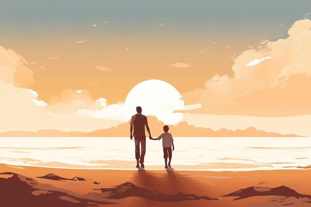 Father and son walking on the beach outdoors nature land. AI generated Image by rawpixel.