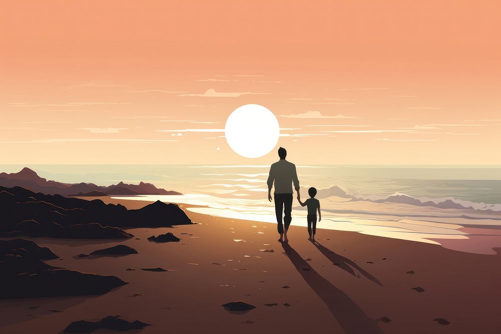 Father and son walking on the beach landscape outdoors nature. AI generated Image by rawpixel.