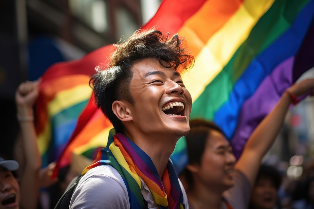 Taiwanese male parade laughing portrait. AI generated Image by rawpixel.