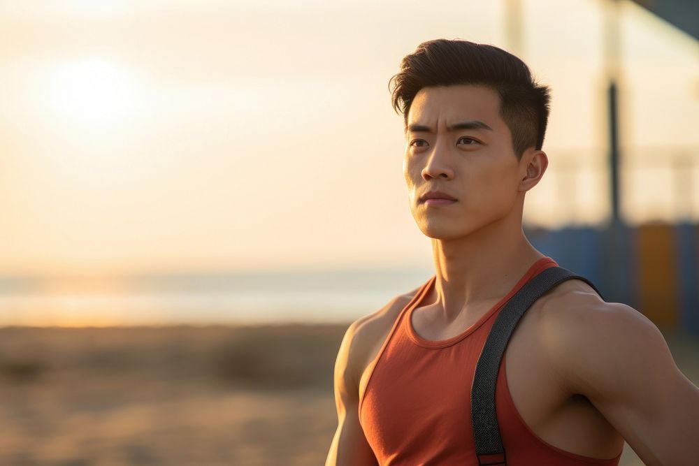 Muscles Taiwanese man beach contemplation determination. AI generated Image by rawpixel.
