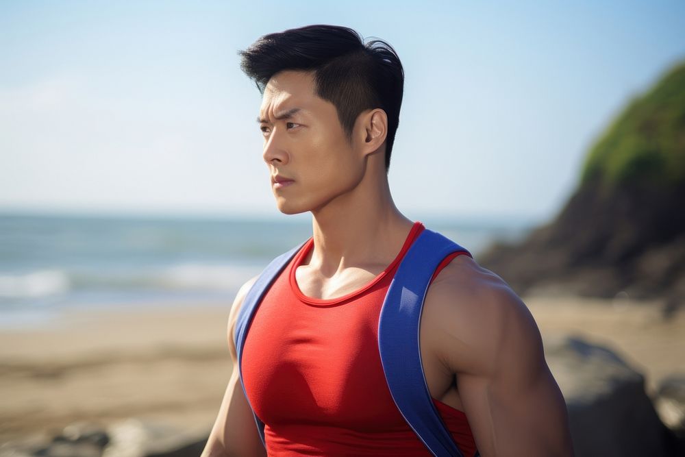 Muscles Taiwanese man beach determination contemplation. AI generated Image by rawpixel.