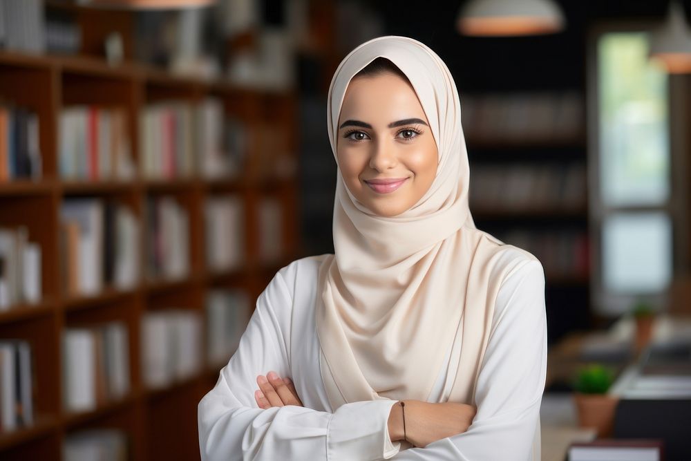 A smile student arab woman holding book portrait library scarf. AI generated Image by rawpixel.