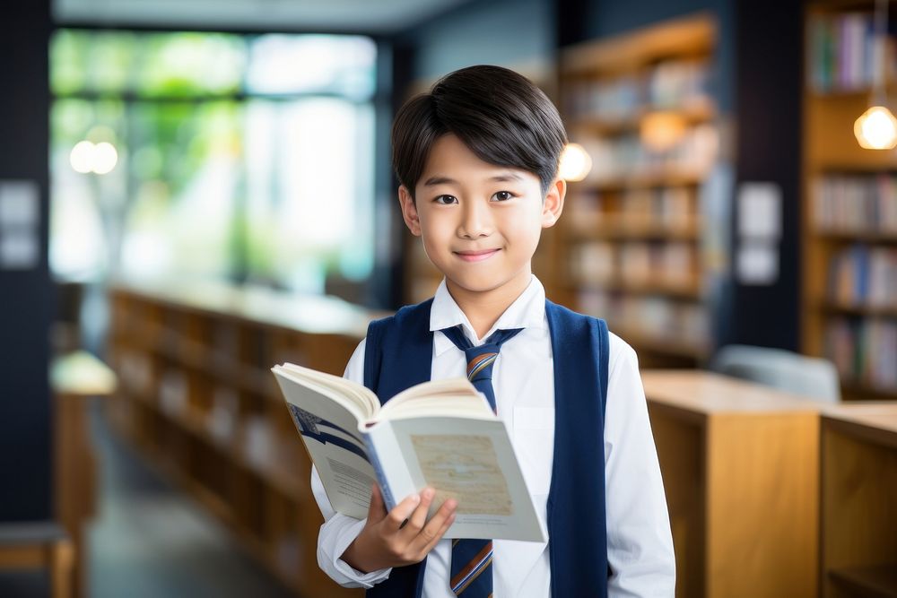 A smile student asian boy holding book portrait library intelligence. AI generated Image by rawpixel.