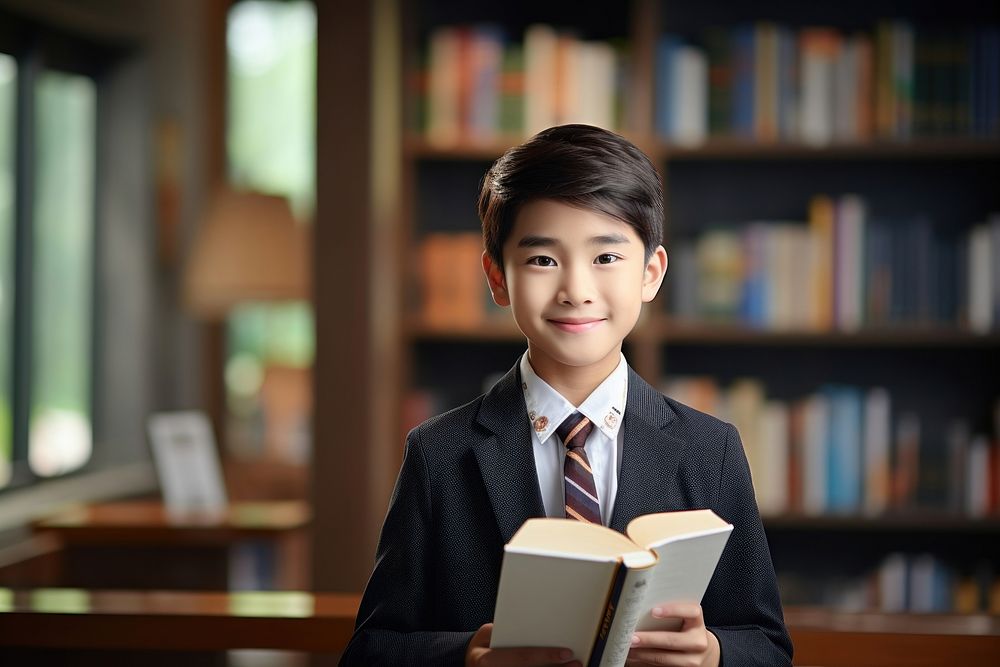 A smile student asian boy holding book publication portrait library. AI generated Image by rawpixel.