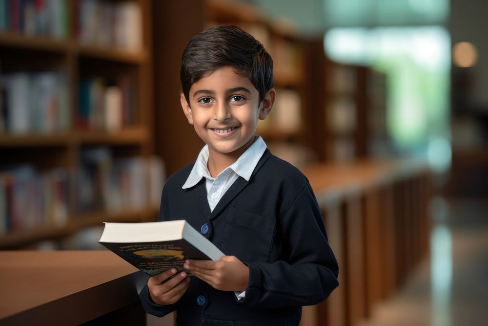 A smile student boy holding book portrait reading library. AI generated Image by rawpixel.
