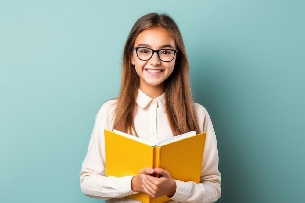 A smile student girl holding book publication portrait glasses. AI generated Image by rawpixel.