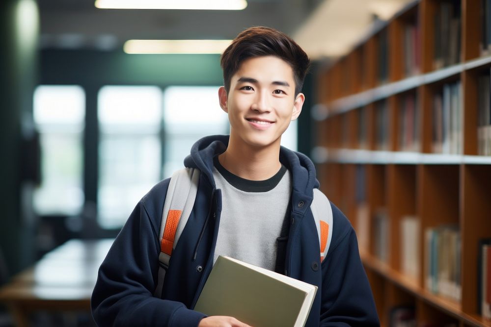 A smile student Taiwanese men holding book library publication portrait. AI generated Image by rawpixel.