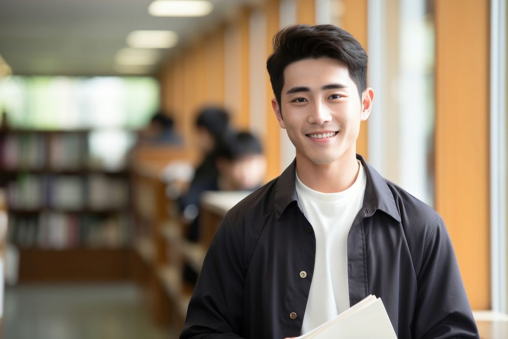 A smile student Taiwanese men holding book publication portrait library. AI generated Image by rawpixel.