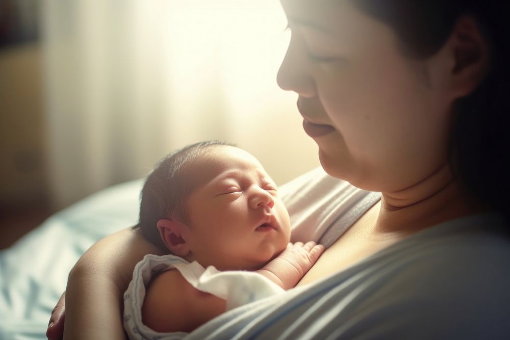 Asian mom holds newborn baby portrait photo togetherness. AI generated Image by rawpixel.