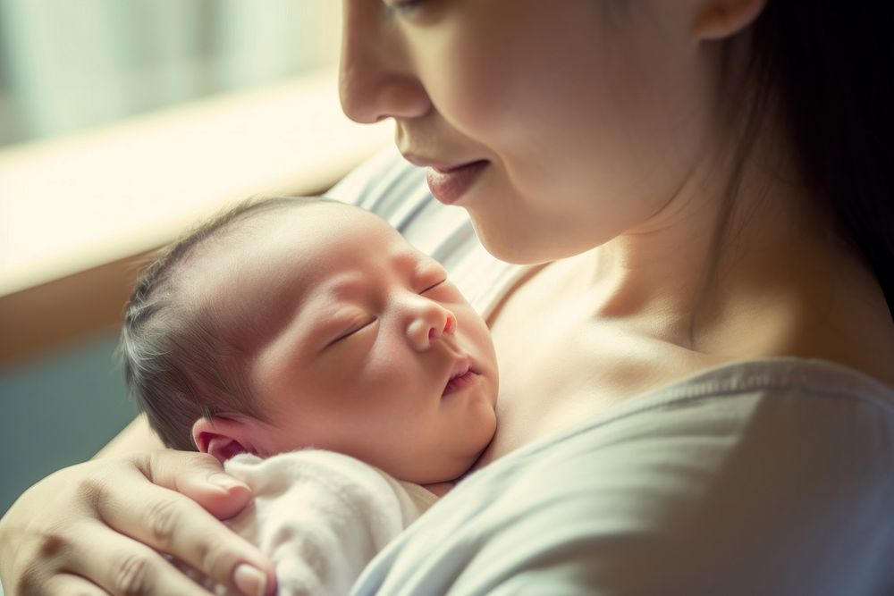 Asian mom holds newborn baby portrait adult photo. AI generated Image by rawpixel.