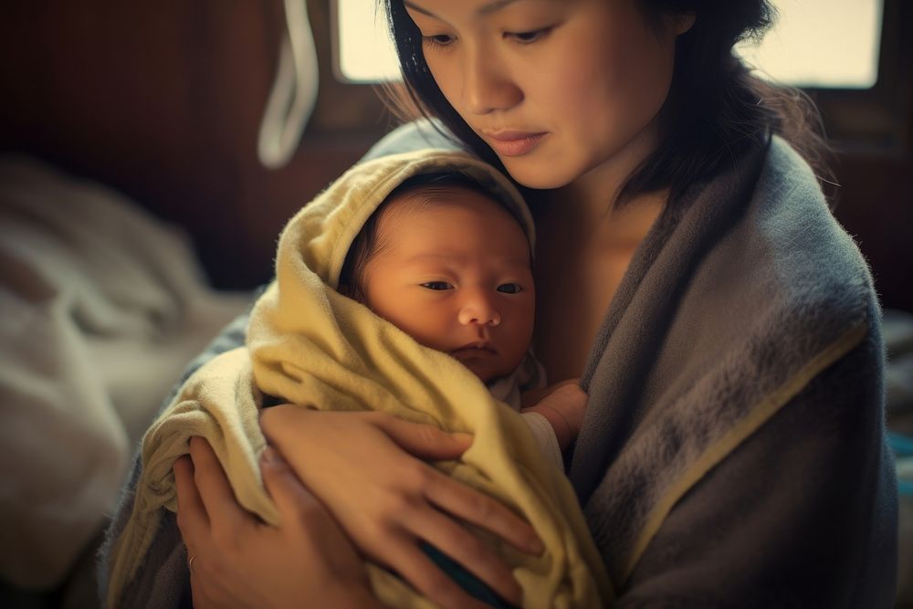 Photo of asian mom holds newborn baby blanket togetherness affectionate. AI generated Image by rawpixel.