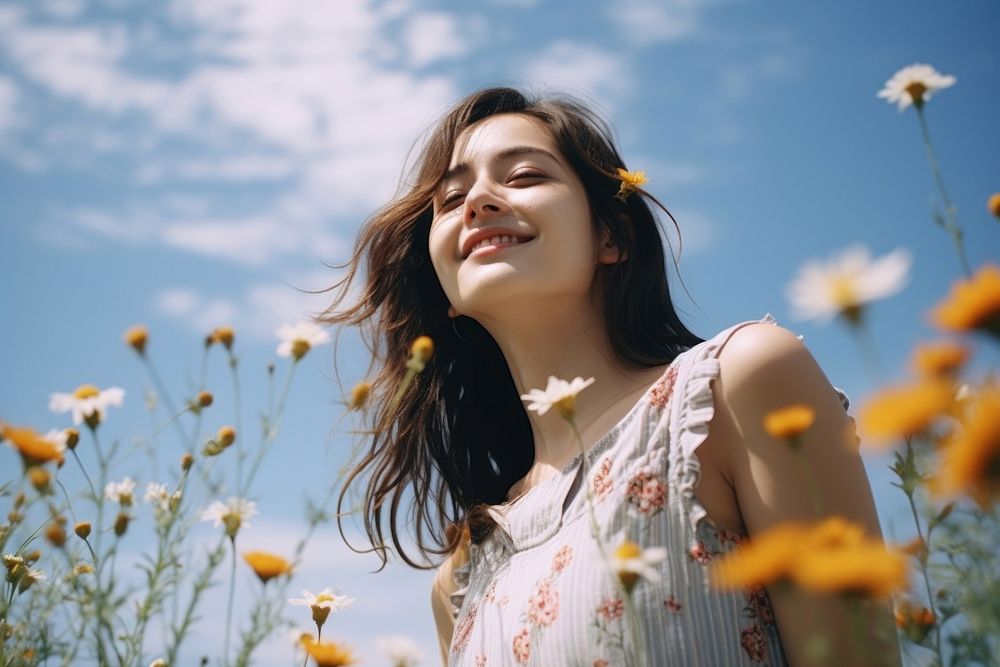 Japanese girl a happy and smiling Face flower summer adult. AI generated Image by rawpixel.
