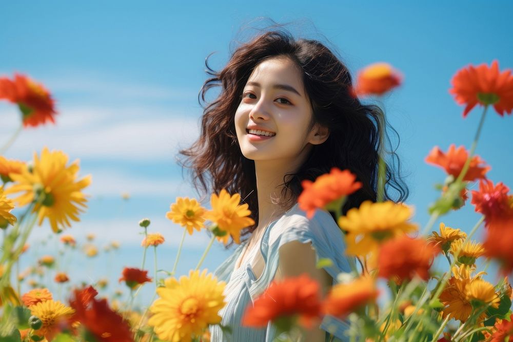 Japanese girl a happy and smiling Face flower outdoors summer. AI generated Image by rawpixel.