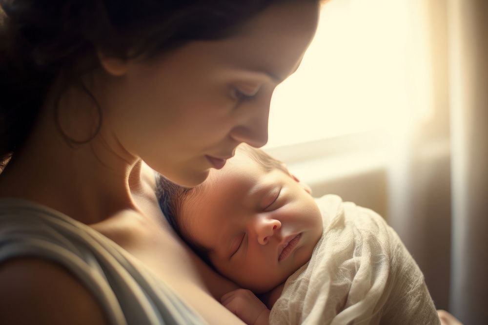 Mom holds newborn baby sleeping portrait photo. AI generated Image by rawpixel.