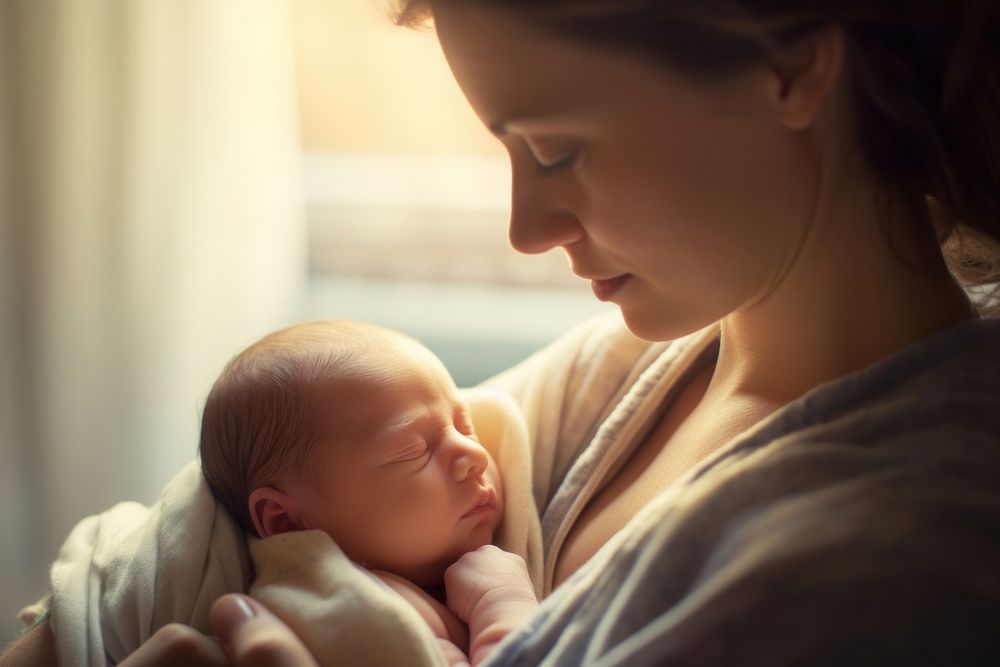 Mom holds newborn baby portrait photo togetherness. AI generated Image by rawpixel.