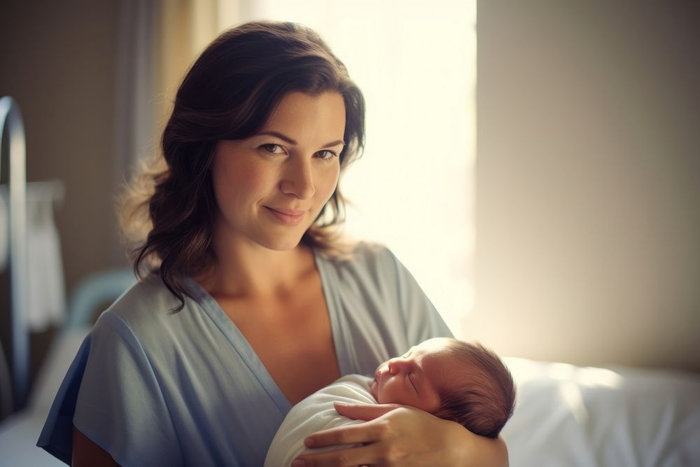 Mom holds newborn baby childbirth portrait photo. AI generated Image by rawpixel.