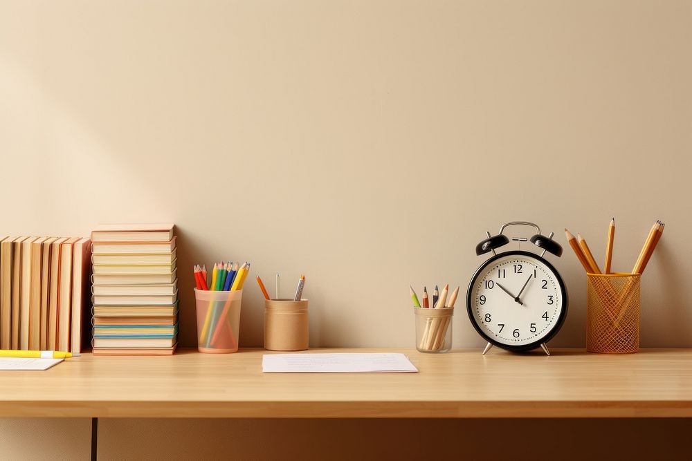 School supplies placed table furniture clock. AI generated Image by rawpixel.