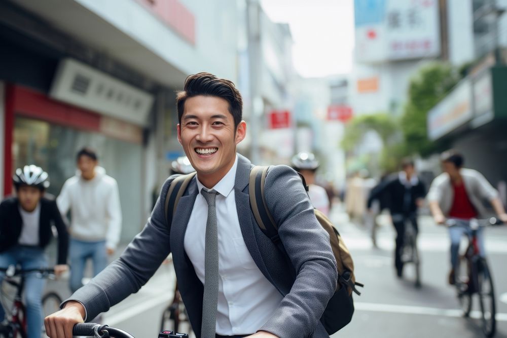Taiwanese office worker bicycling bicycle vehicle smiling. AI generated Image by rawpixel.