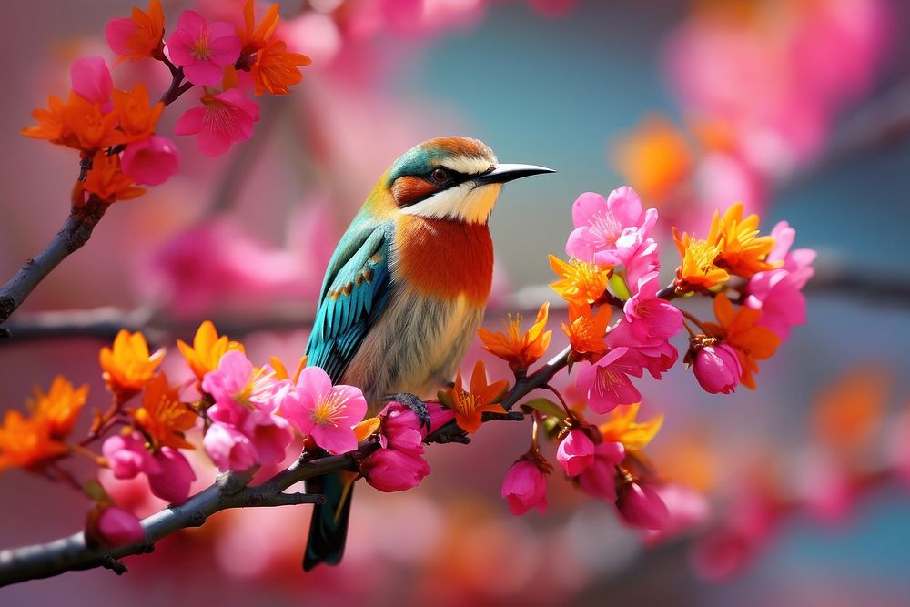 Colorful wild bird on a trees flower wildlife outdoors. AI generated Image by rawpixel.
