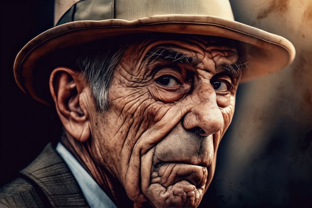 Close up drawing of scary looking Italian old boss smoking cigar wearing fedora portrait adult architecture. AI generated…