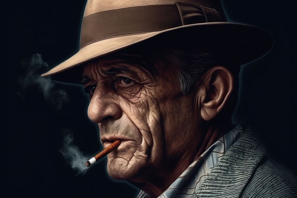 Close up drawing of scary looking Italian old boss smoking cigar wearing fedora portrait adult smoke. AI generated Image by…