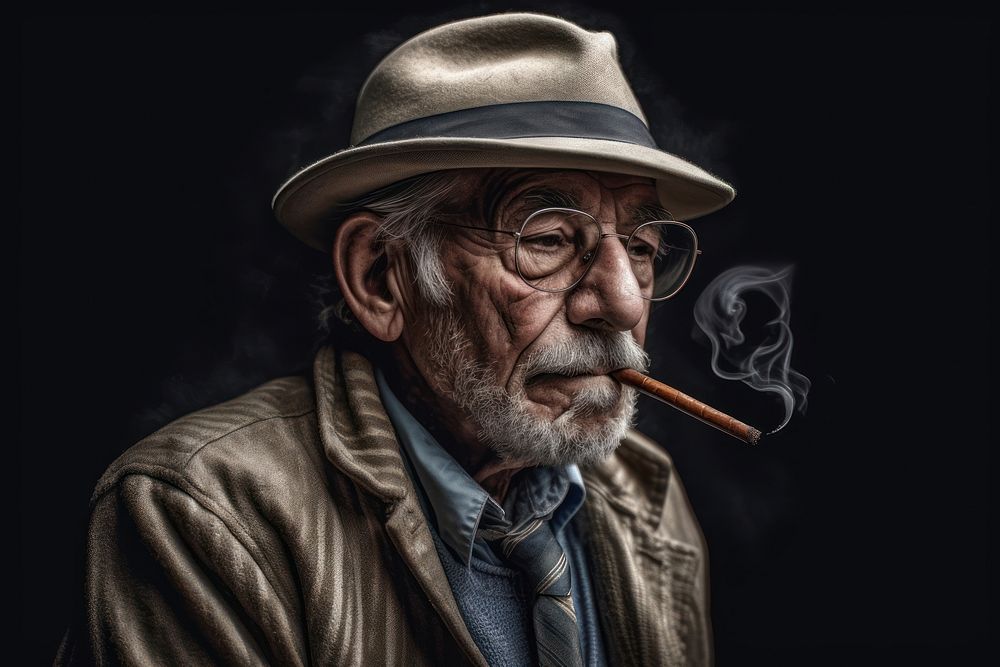 Close up Italian old man smoking cigar wearing fedora portrait smoke photography. AI generated Image by rawpixel.