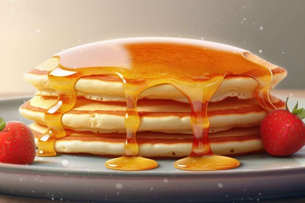 Close up pan cake with honey pancake food strawberry. AI generated Image by rawpixel.
