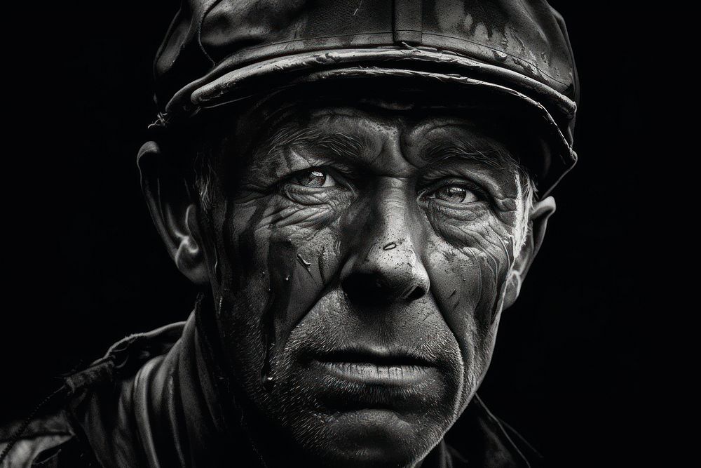 Close up tired coal miner face portrait adult architecture. 