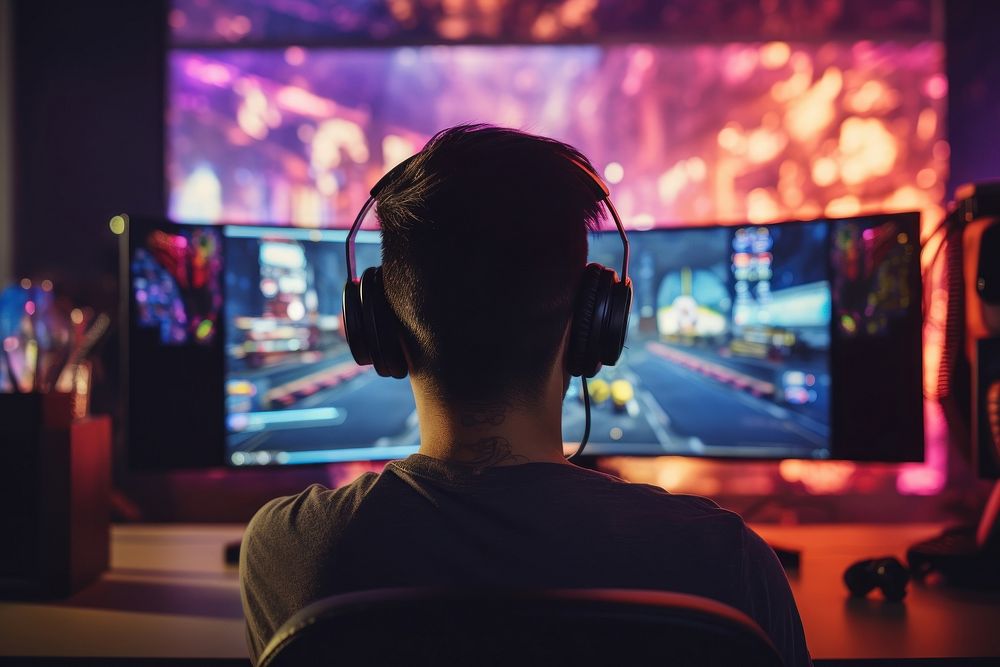 Man playing computer game headset monitor adult. AI generated Image by rawpixel.